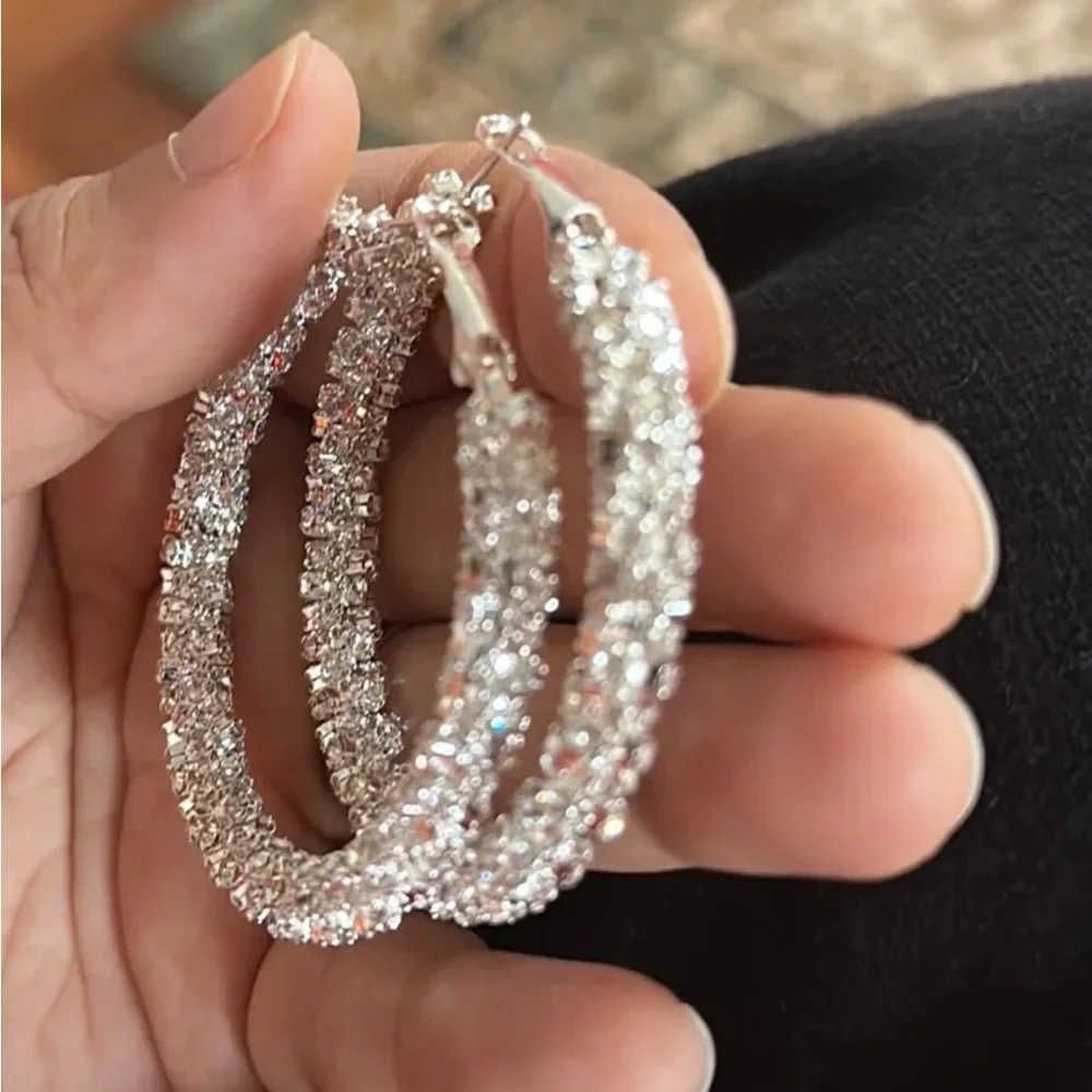 Large Full Rhinestone Hoop Earrings Silver Plated Delicate Jewelry Party Holiday - Picture 2 of 6